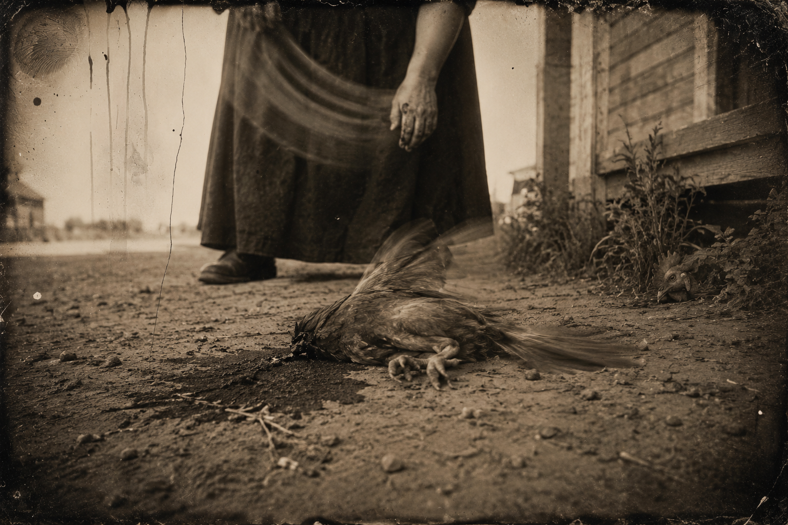 The rooster pecks her hand, Peach wrings its neck without an instant's hesitation, and the headless body lies jerking in the dust of the street.
