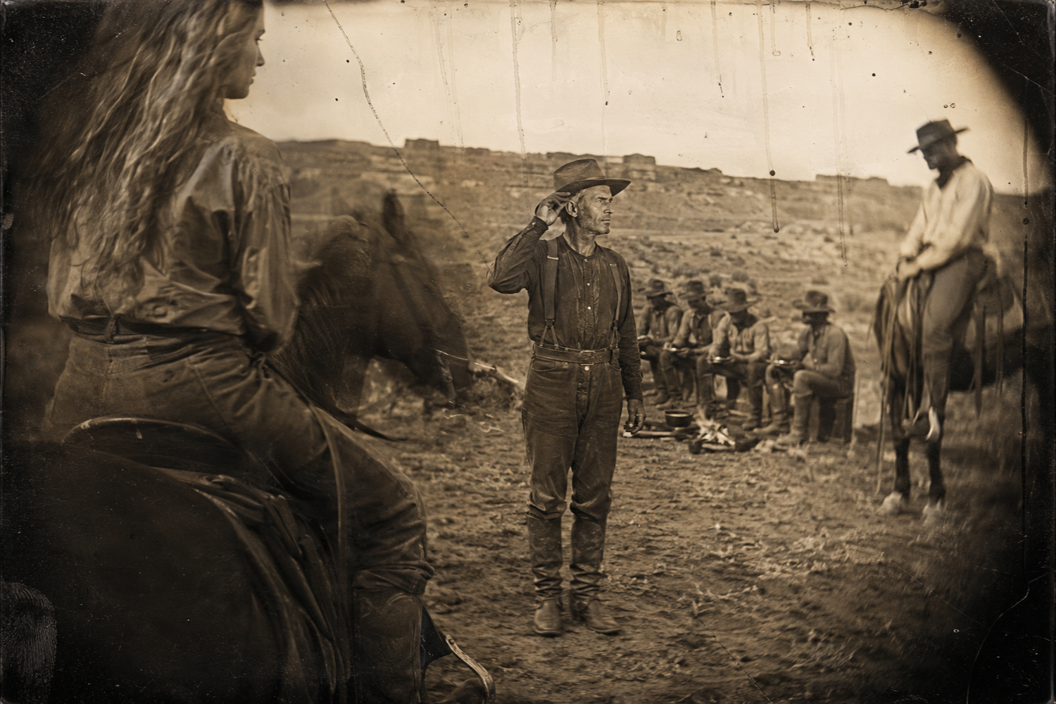 "Woodrow, you know Lorie, I reckon." — "We've not met," Call says, touching his hat but not looking at the woman, while the whole camp sits stiff as if in church and the only sound is the jingle of a bit.