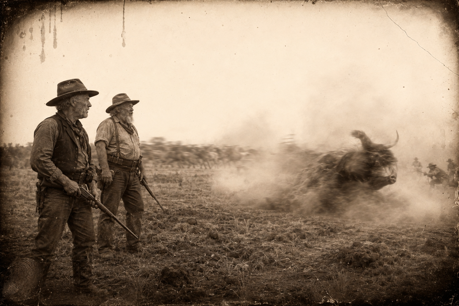 Bear and bull roll over and over in the dust, bellowing and roaring, while Call and Augustus stand dismounted with their rifles and decline to shoot.