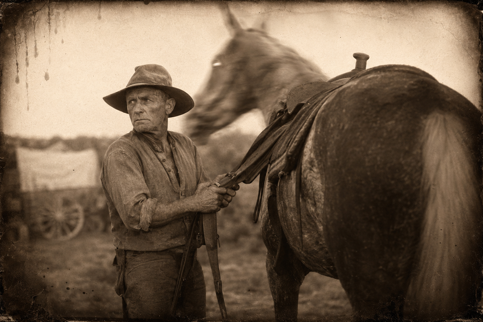 Unsaddling the mare, Call stops with his hands on the rigging at the mention of Blue Duck.