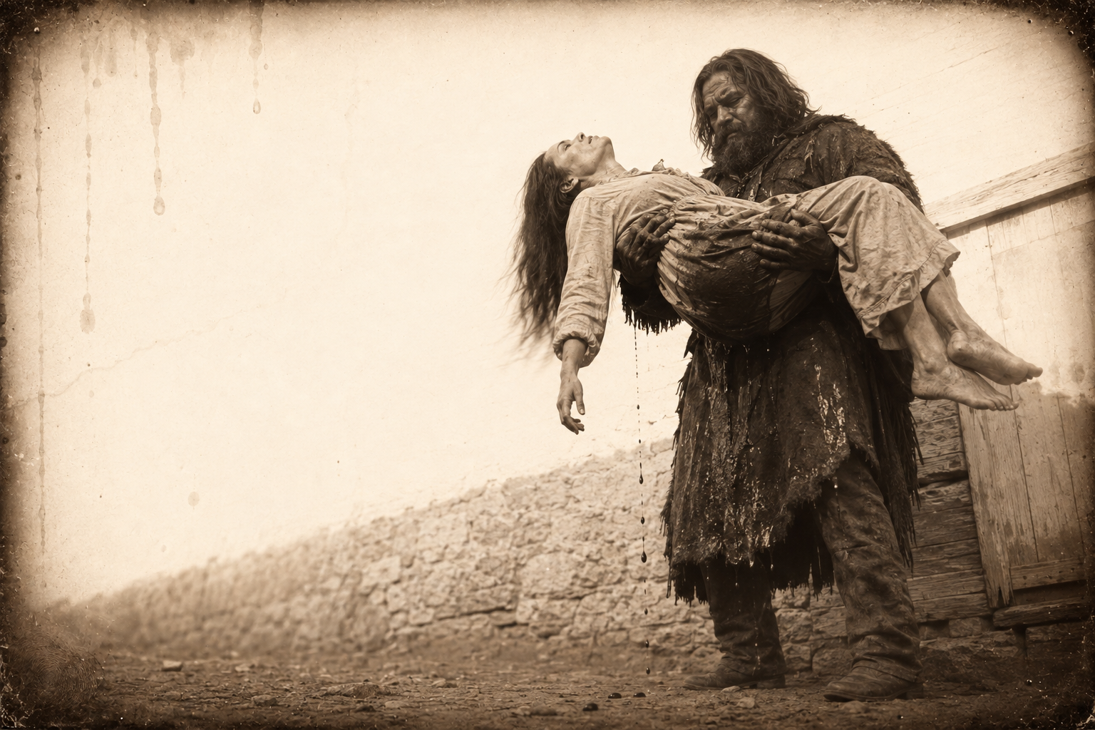 Zwey's arms come away wet with blood and he carries her off; her head falls back, and Dee's face is lost in a patch of sunlight on the jail wall.
