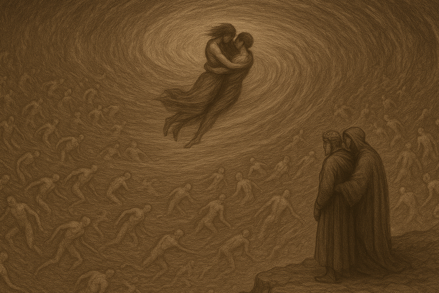 Francesca and Paolo entwined in flight on the great dark whirlwind of the Second Circle, Dante swooning at the cliff edge.