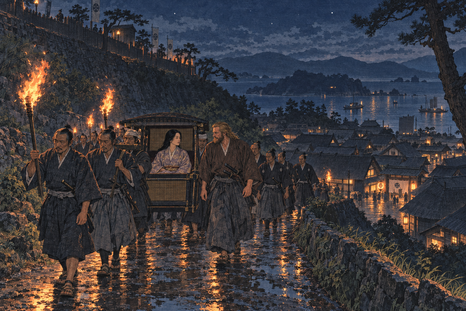 Torches on the track to the Tea House