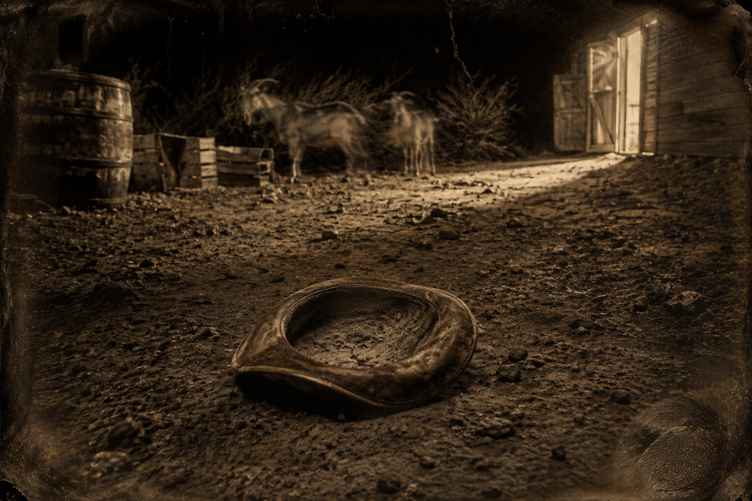 The bowler lies in the dirt behind the saloon where Xavier flung it — the goats ignoring it, the pigs not yet come — while Lippy sits inside worrying about it.