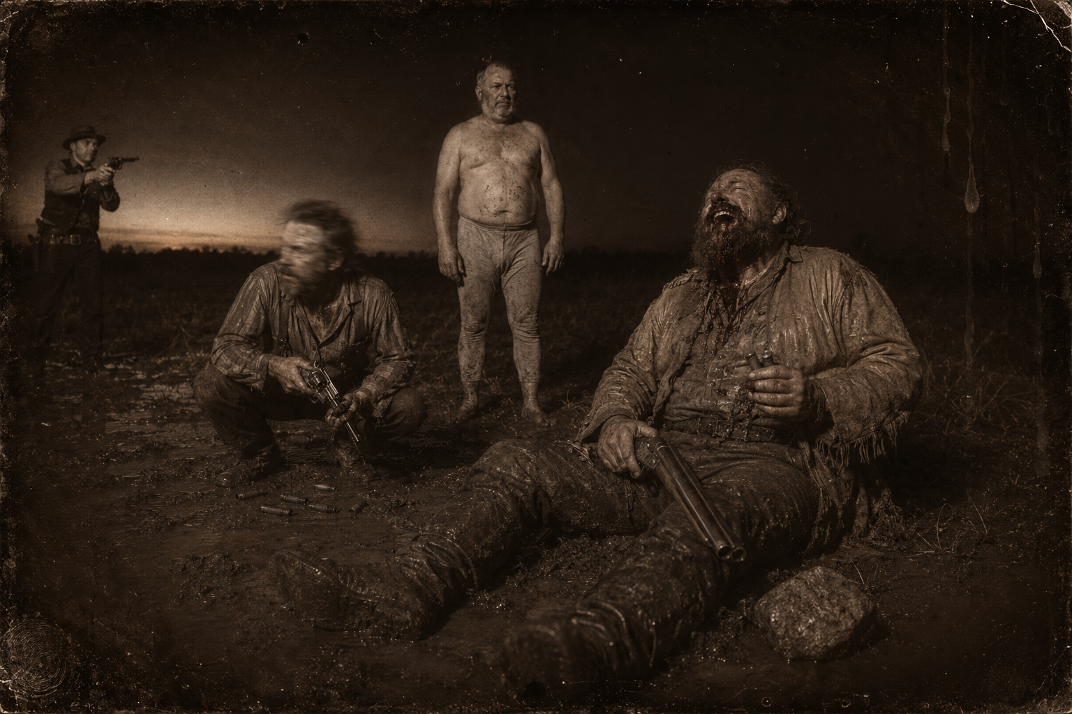 Out of the dark grass a rock smashes Hutto's mouth and he sits down in the mud laughing and spitting blood, while Jim crouches over his dropped bullets watching for the next one.