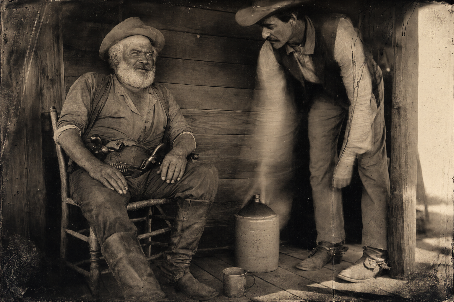 Jake reaches the porch, asks to borrow ten dollars, and reaches for Augustus's jug while being told Call has gone to hire hands for Montana.