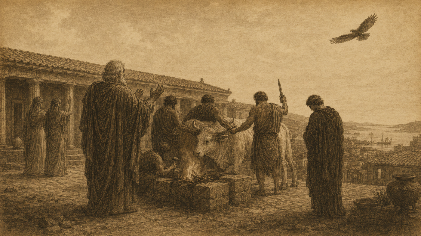 Pen-and-ink: Telemachus at Nestor's House