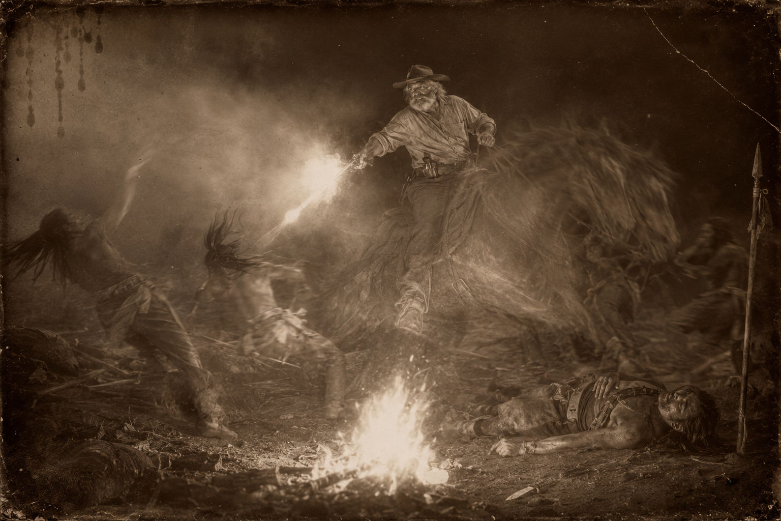 Augustus rides straight into the fire, yanks his horse almost down in the middle of the Kiowas and shoots them off their feet in seconds.