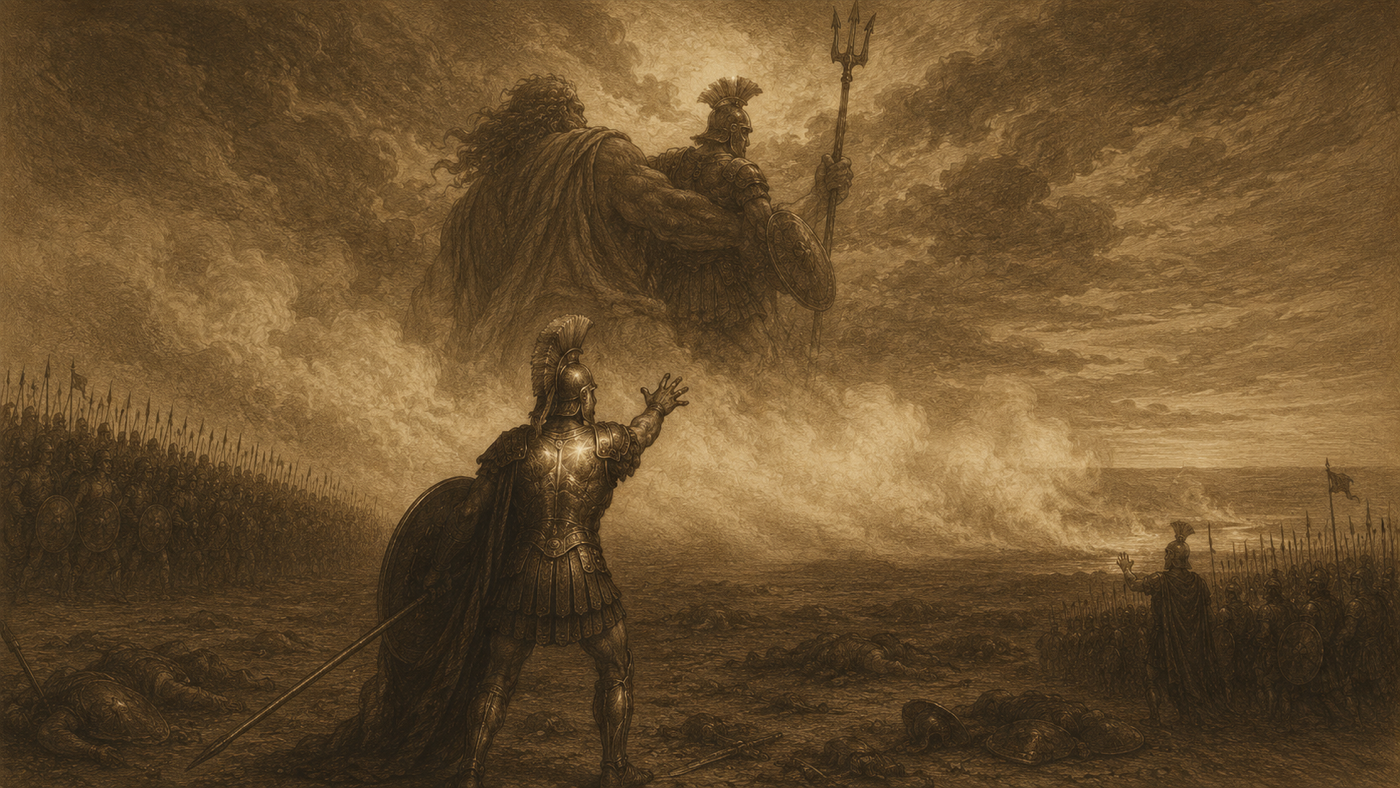 Pen-and-ink: The Theomachy: Gods Take the Field
