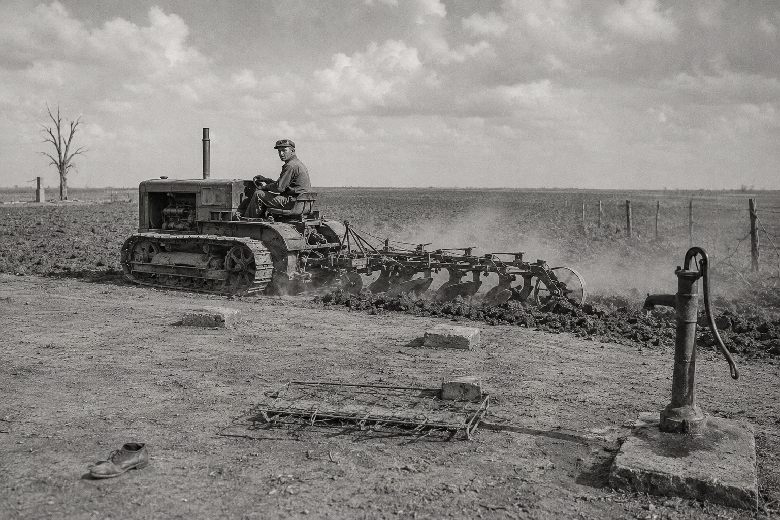 The tractor turns the dooryard under