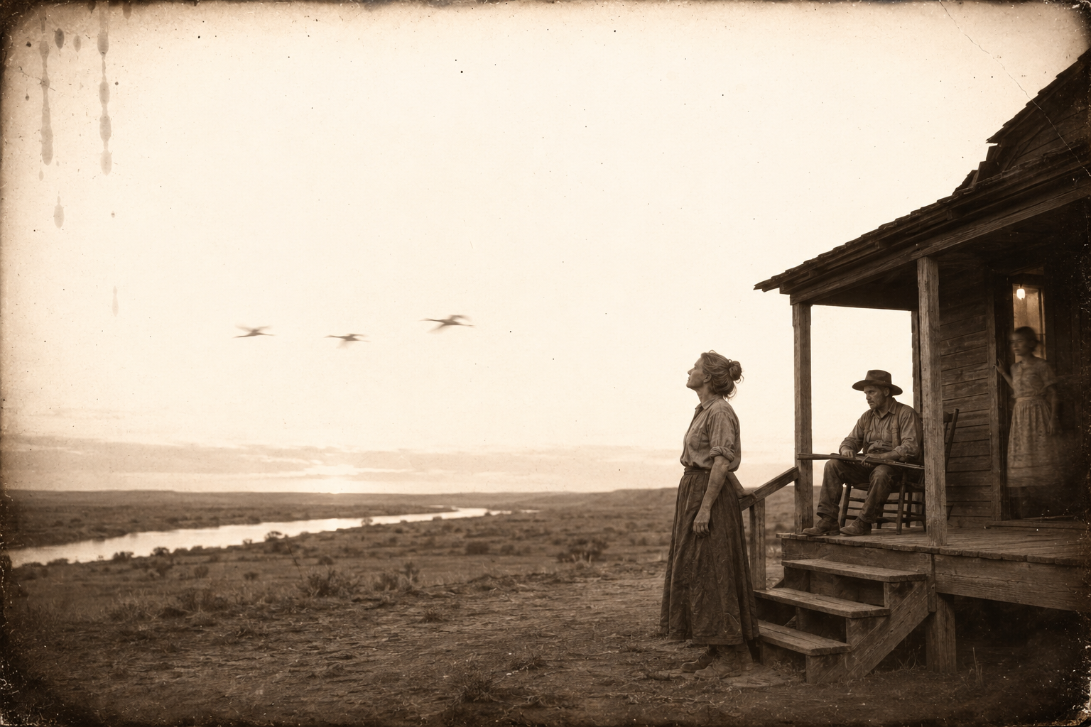 At dusk July has still not gone; Clara stops on the steps to watch three cranes cross the sunset along the silver path of the Platte, and he says he ought to let his wife be.
