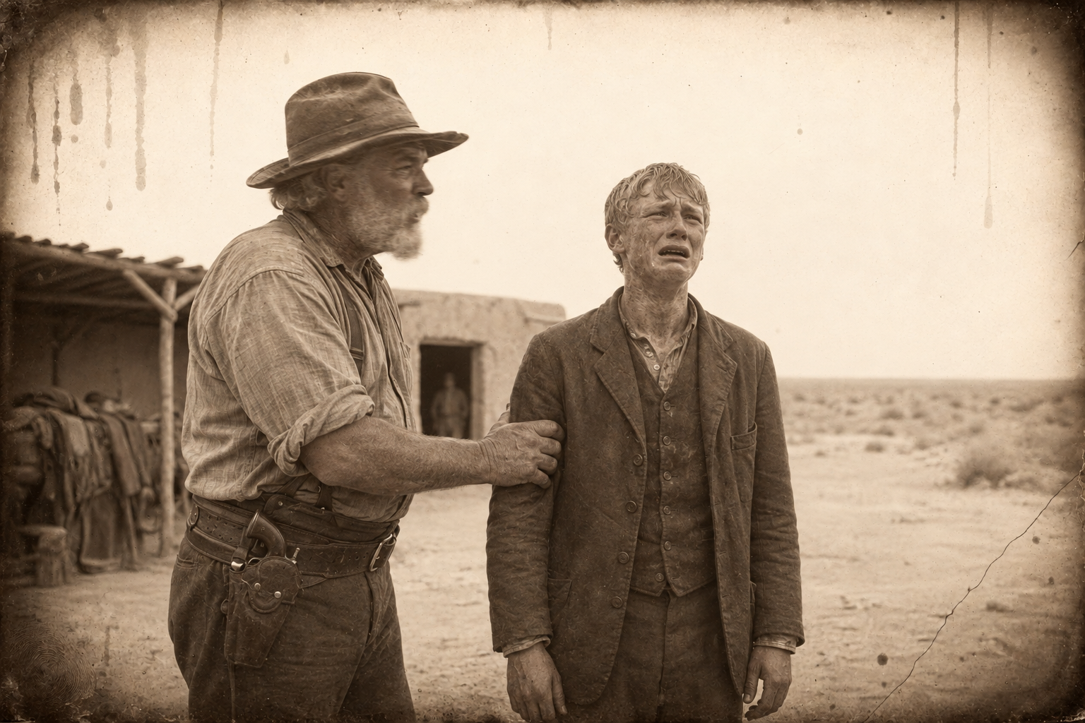Sean O'Brien breaks down crying in the bare hot yard asking where the grass is, and Augustus takes him by the arm and speaks kindly and leads him in to eat.