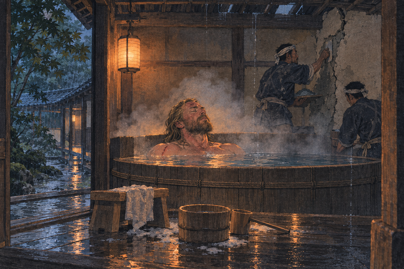 Omi's bath house in the maple grove