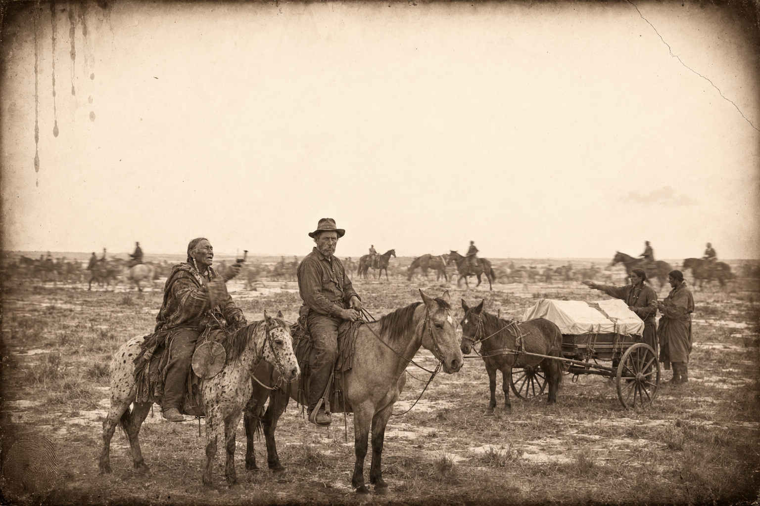 Call rides for a day alongside a hundred Crow travelling south, their old chief pressing him to camp and asking about the man in the coffin.