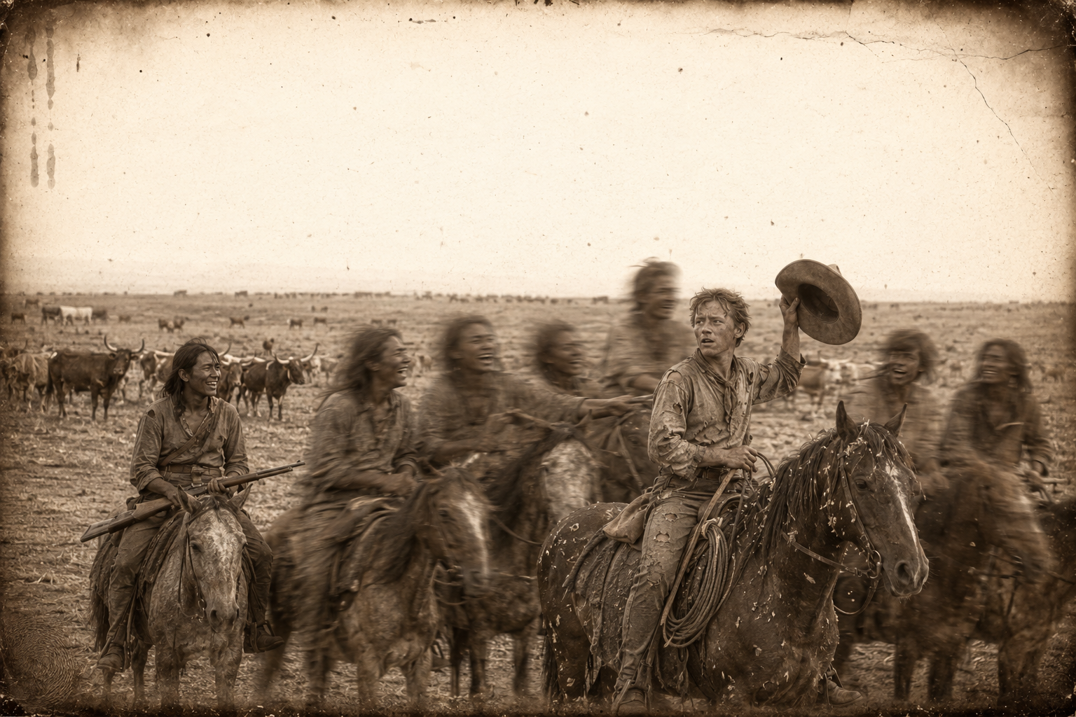 Over the low ridge the herd comes into sight, and Newt understands that the five young Indians crowded round him are laughing because he did not know which way his own cattle were.