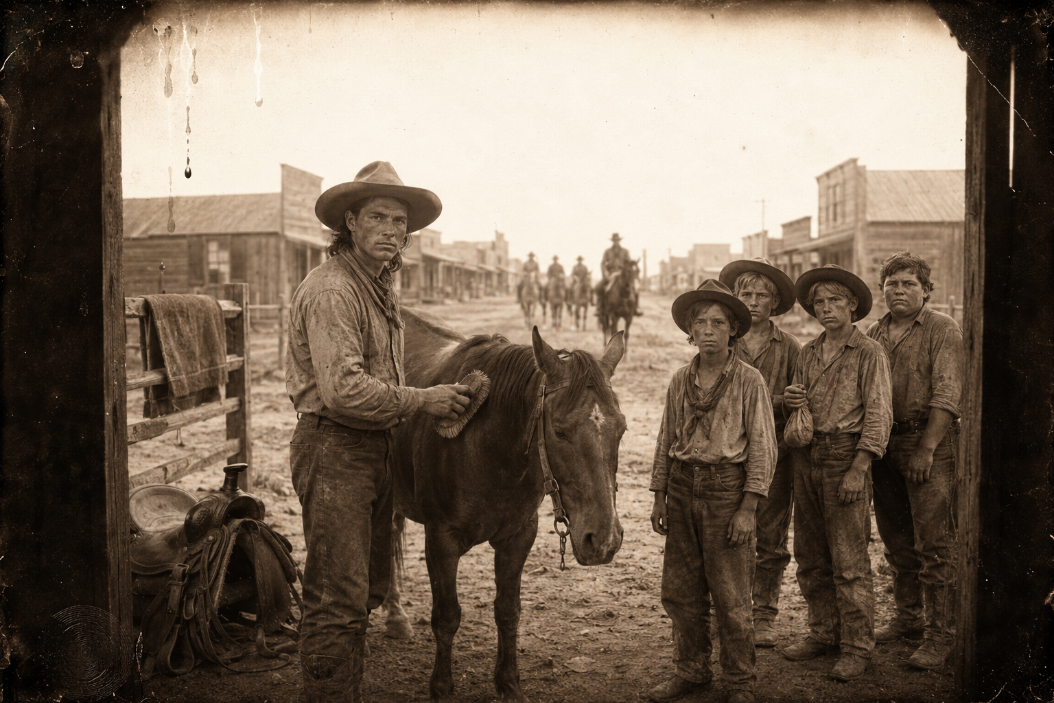 At the livery stable Dish Boggett brushes his mare Sugar and tells the boys where to find the whores, while the soldiers come up the street behind him.