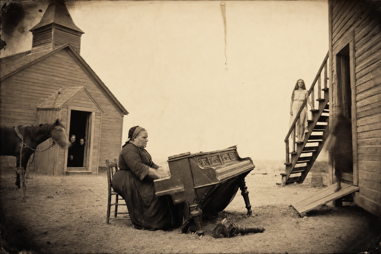 The Sunday the deacons ran the piano off its rail and broke two legs off it — Mrs Pink Higgins banging the hymns out in the street while Lorena Wood listens from the saloon's backstairs.