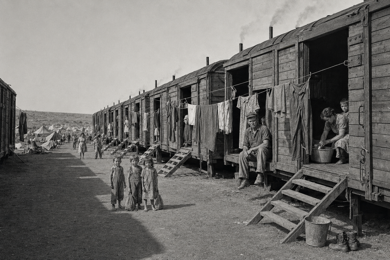 The boxcar camp beside the stream