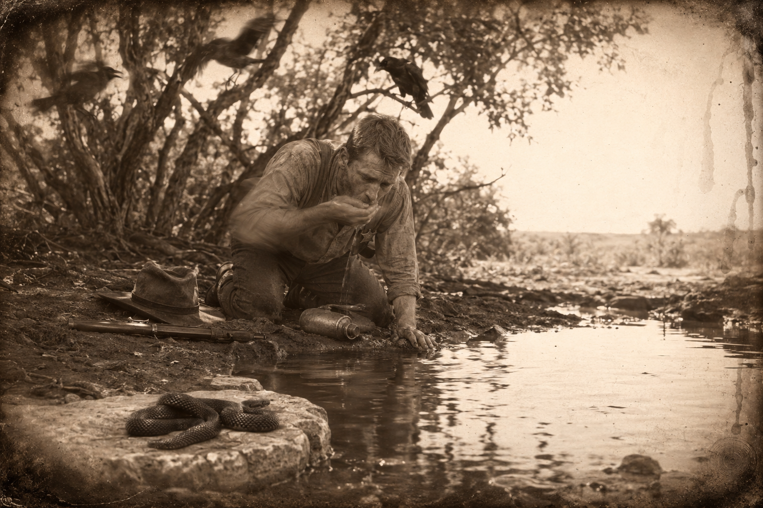 The quarrelling crows lead him to a grove of low trees and a spring, where he drinks beside a black snake curled on a rock.