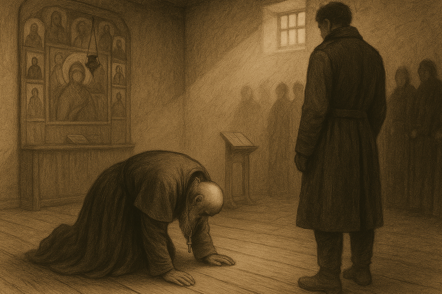 Father Zosima bowing to the ground before Dmitri in the monastery cell.