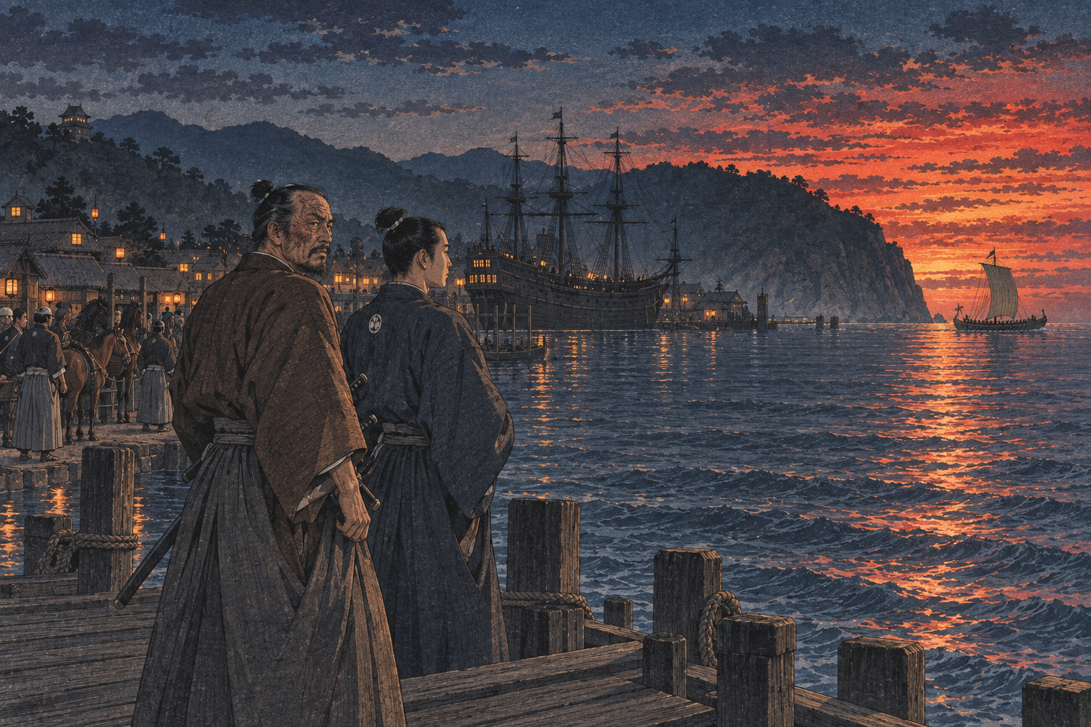 The galley rounds the headland at dusk
