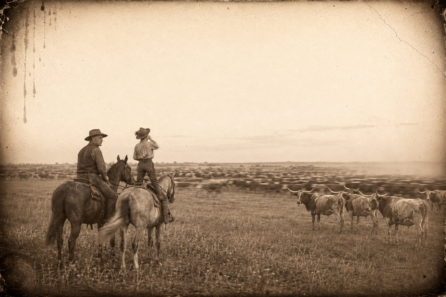 The sun thins the mists and the herd comes into sight — thousands of cattle spread three or four miles over the dewy plain, and the two riders stop to look at it.