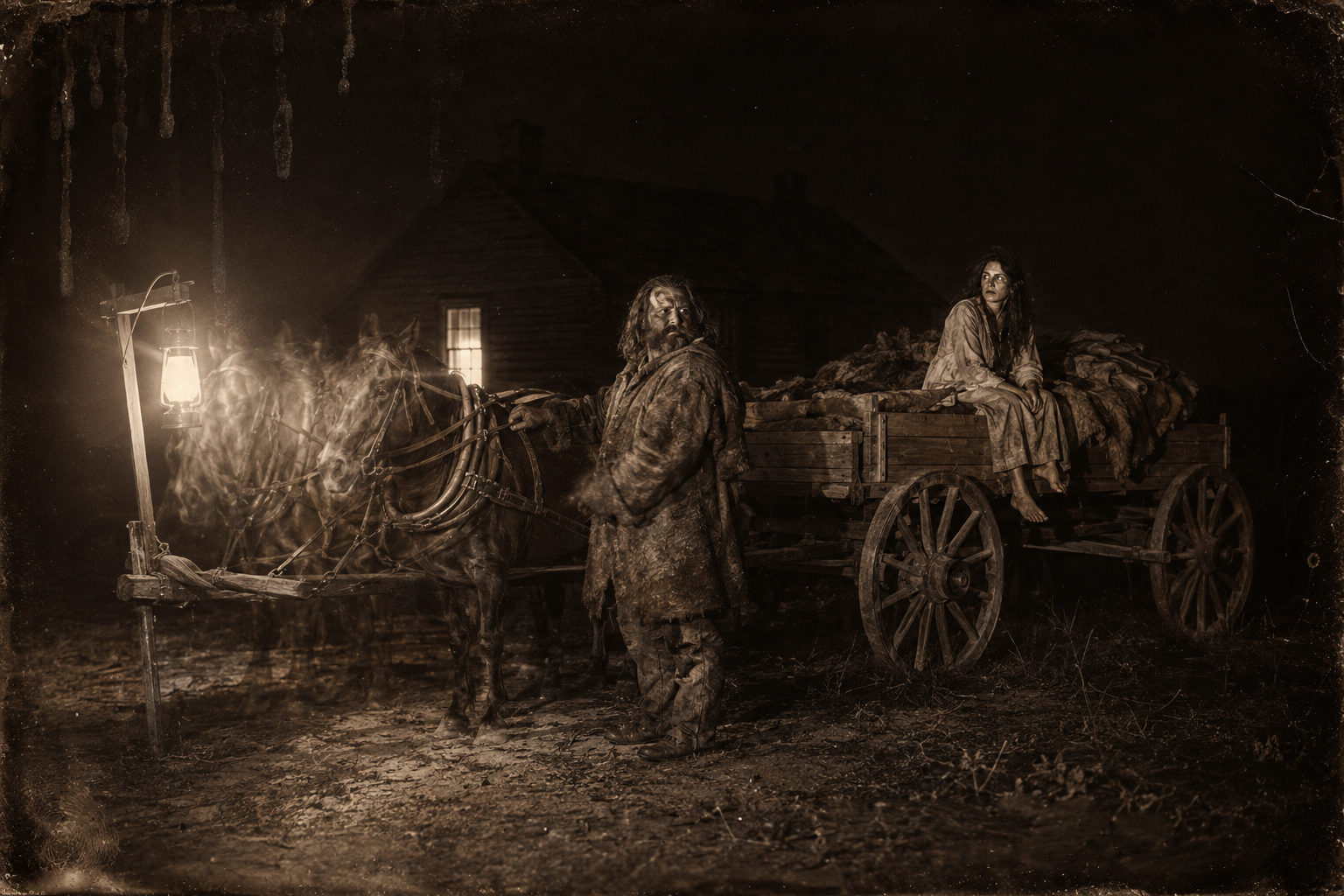 Zwey at the hitched team in the dark yard, asking whether they aren't going to take the baby, while Elmira sits propped in the wagon bed with nothing in her arms.