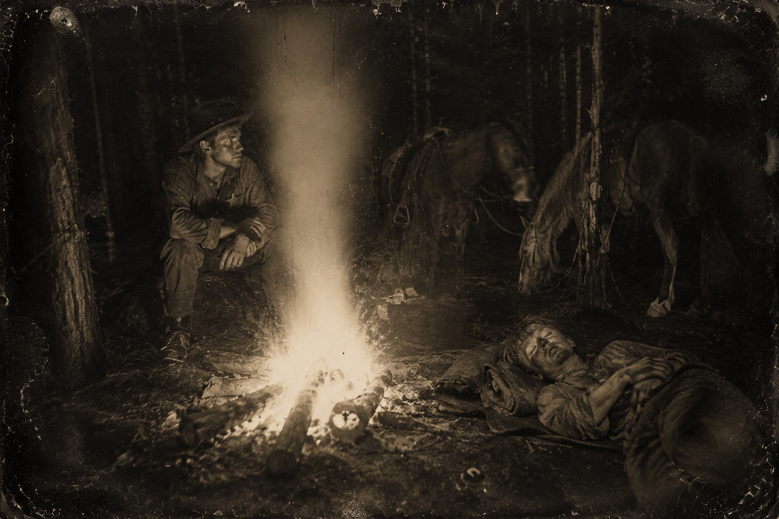 Night camp in a place thick with mosquitoes — Joe asleep dead to the world, July sitting up awake with his worry about Elmira.