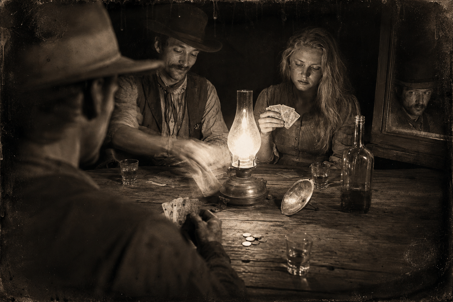 Jake teaches Lorena things about card playing she didn't know, while Dish Boggett sits solemn behind his big moustache, unable to stop being in love with her.