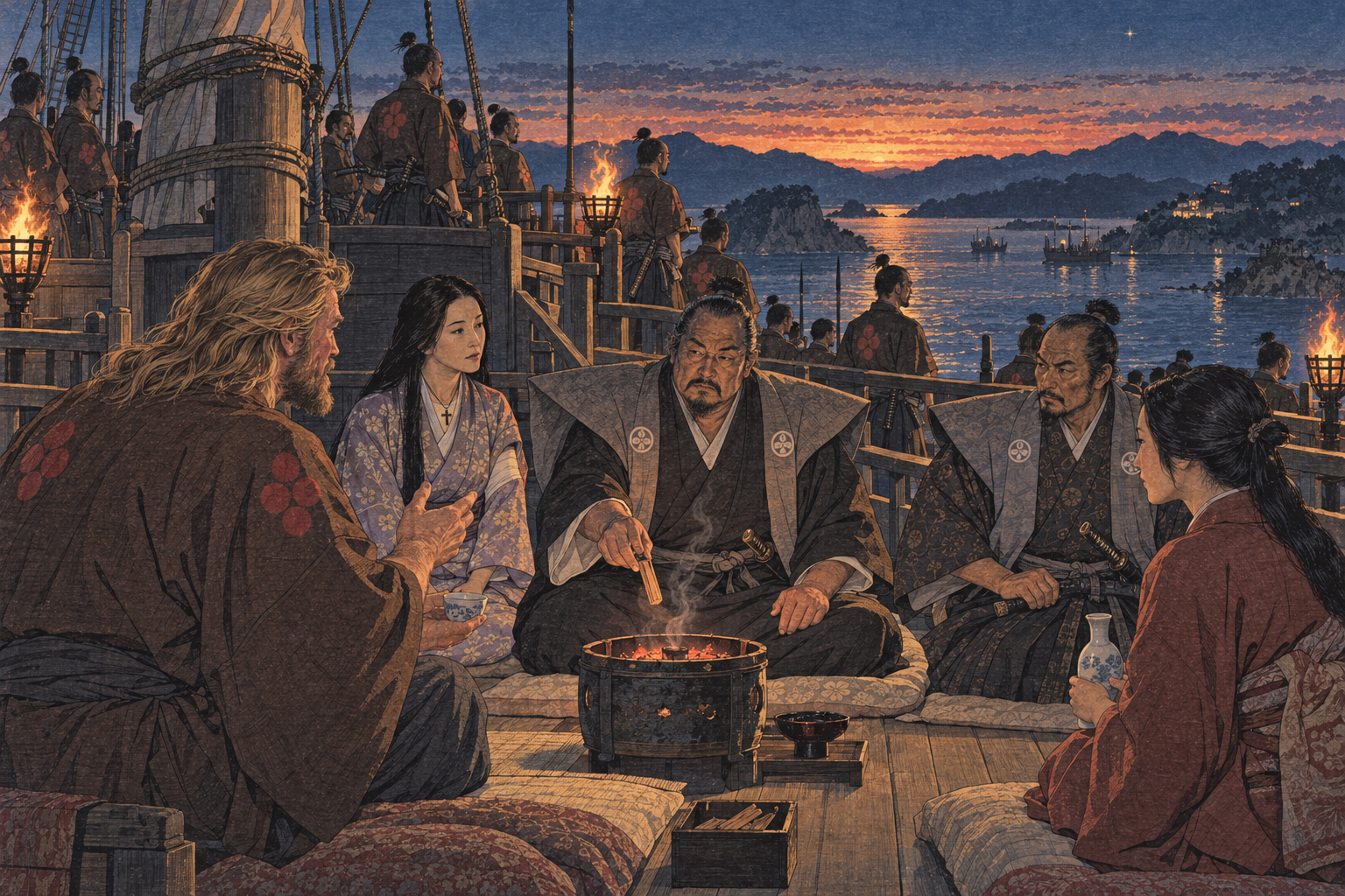 Sunset council on the poop