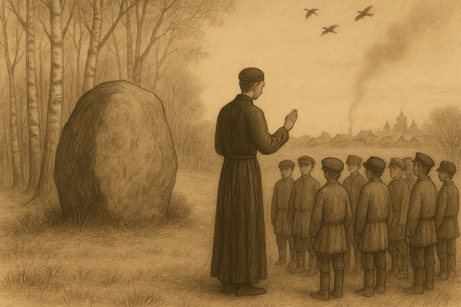 Alyosha standing with the schoolboys at Ilyusha's stone.
