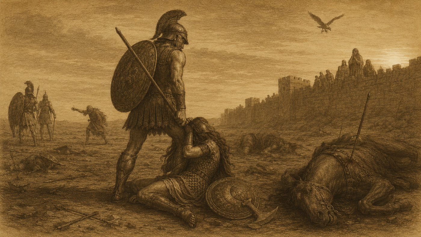 Pen-and-ink: Penthesilea the Amazon; her Death by Achilles