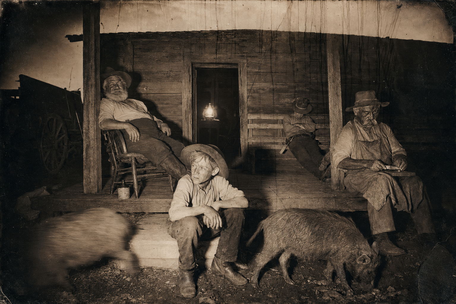 After supper, Augustus, Pea Eye, Newt, Bolivar and the pigs repair to the porch for the evening.