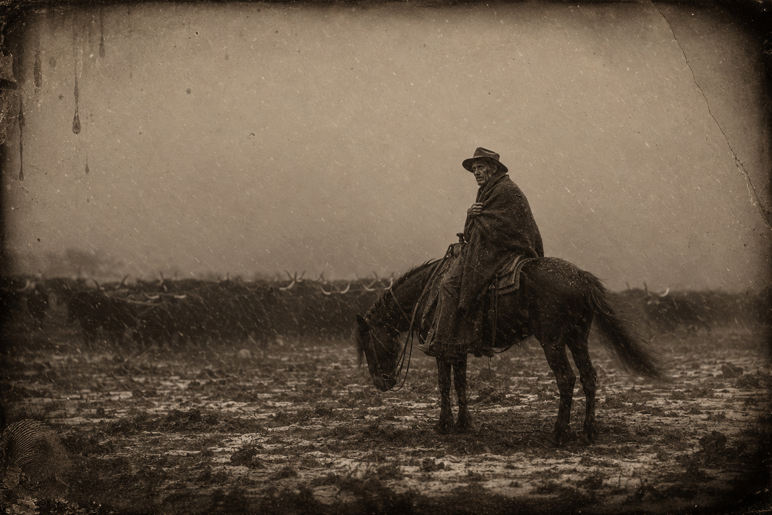 An early storm blows out of the Bighorns; the men on night herd wrap blankets around themselves against the icy wind while snow falls.