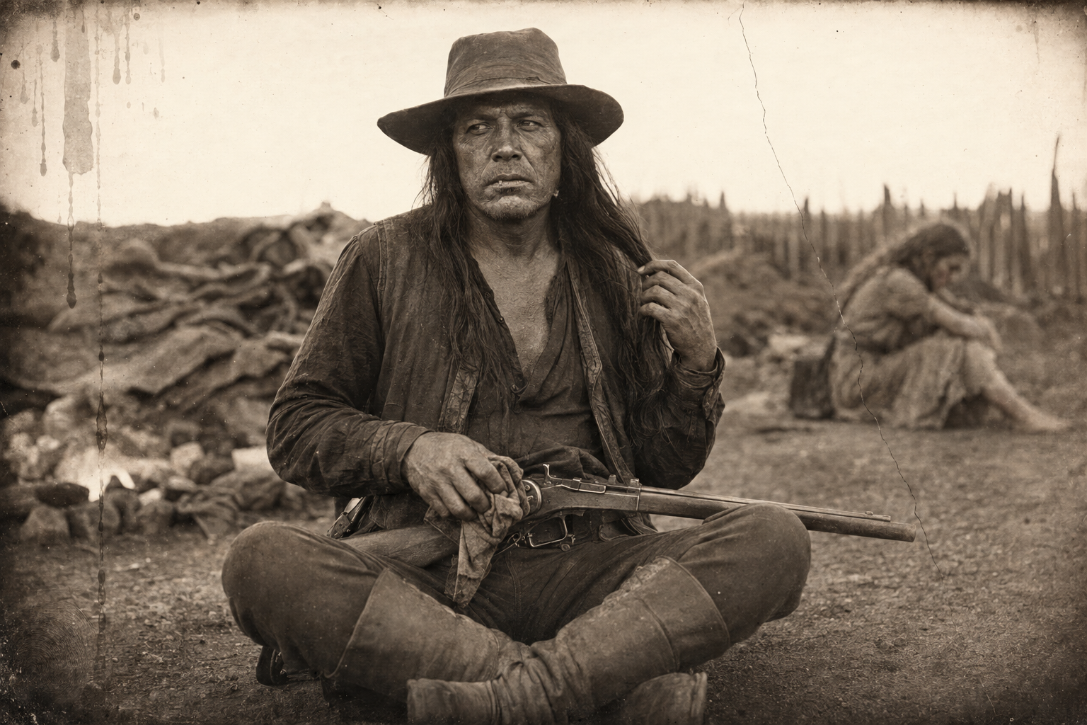 Blue Duck in camp, cleaning his gun and sharpening his knife, never once looking her way — the indifference that frightens Lorena more than Monkey John's anger.