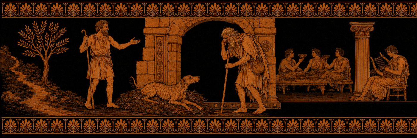 Odyssey, Book 17 — Odysseus as Beggar at His Own Palace; Argus the Dog