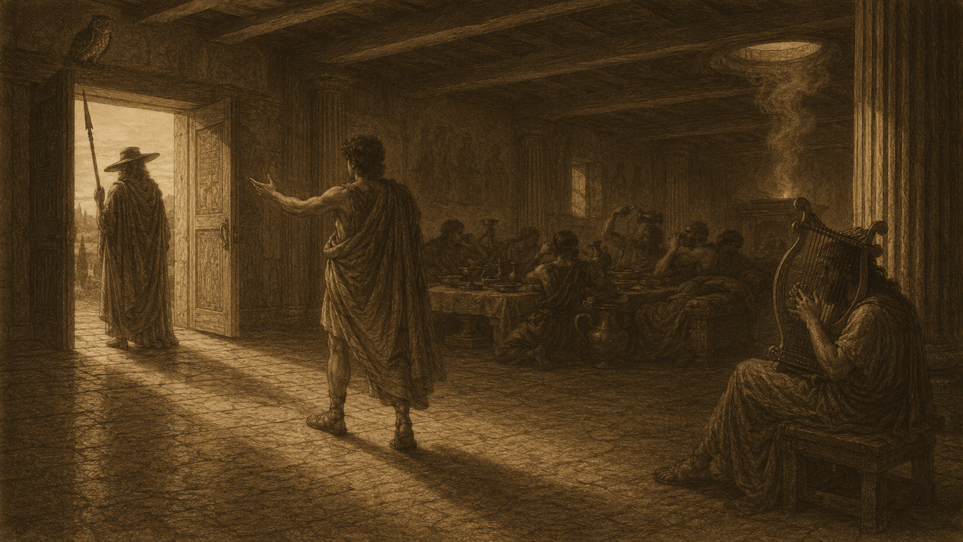 Pen-and-ink: Council of the Gods; Athena Visits Telemachus
