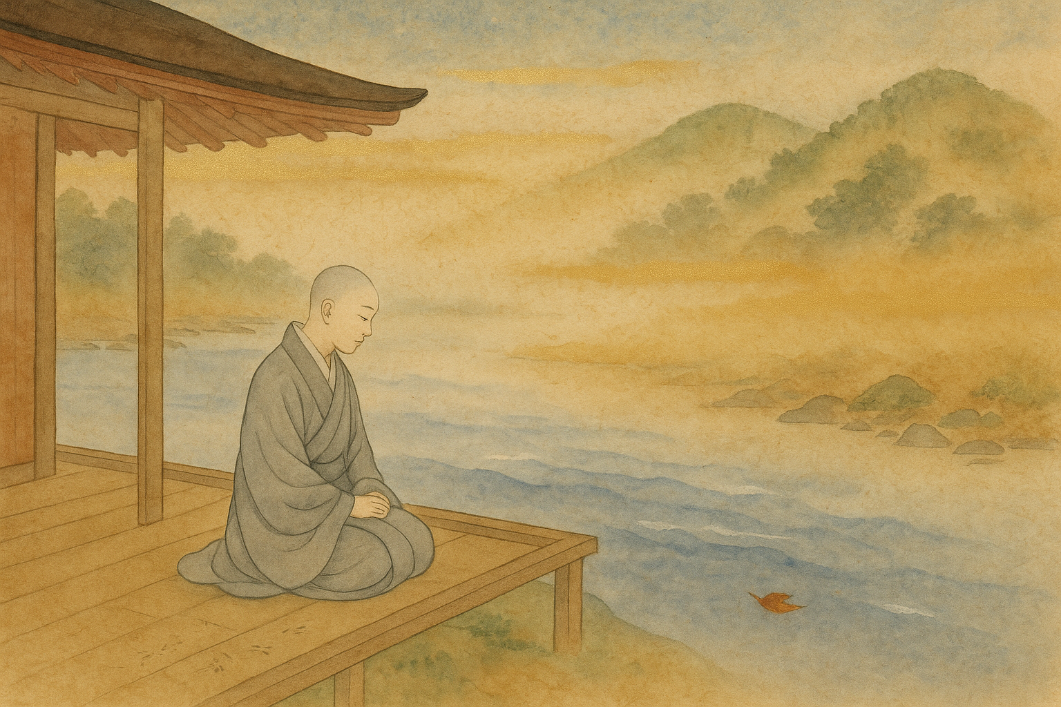 Ukifune as a Buddhist nun on the temple veranda by the misty Uji river — the woman who has placed herself outside reach.