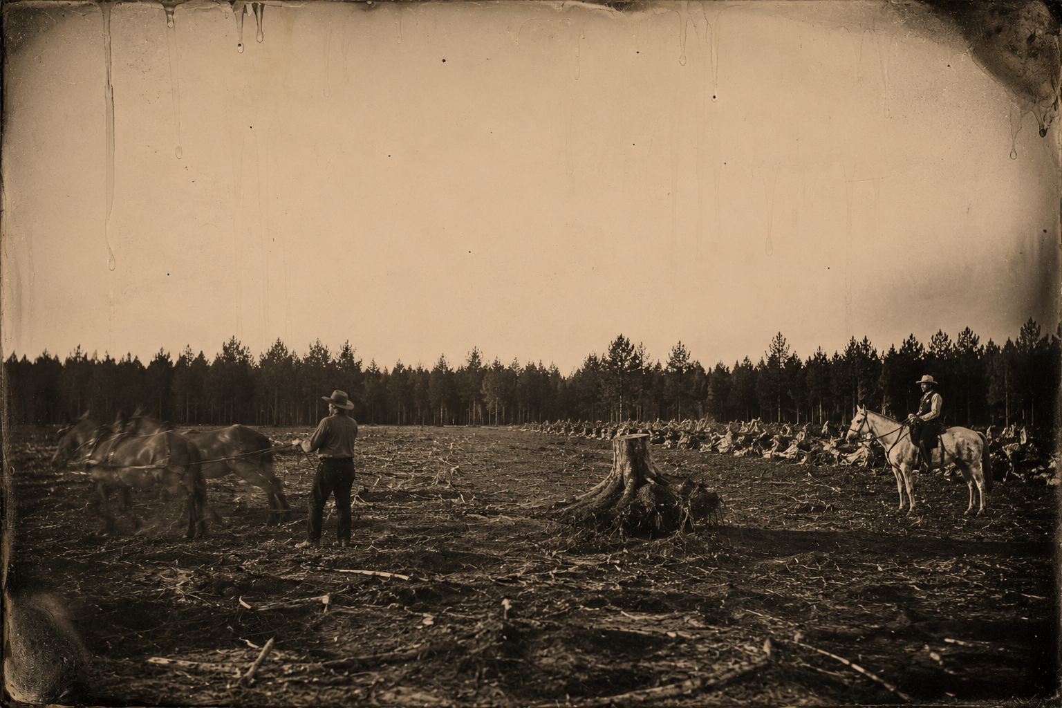 At sundown the next day he rides into a clearing off the Army trail and finds a farmer in a floppy hat working a mule team against a half-lifted stump.