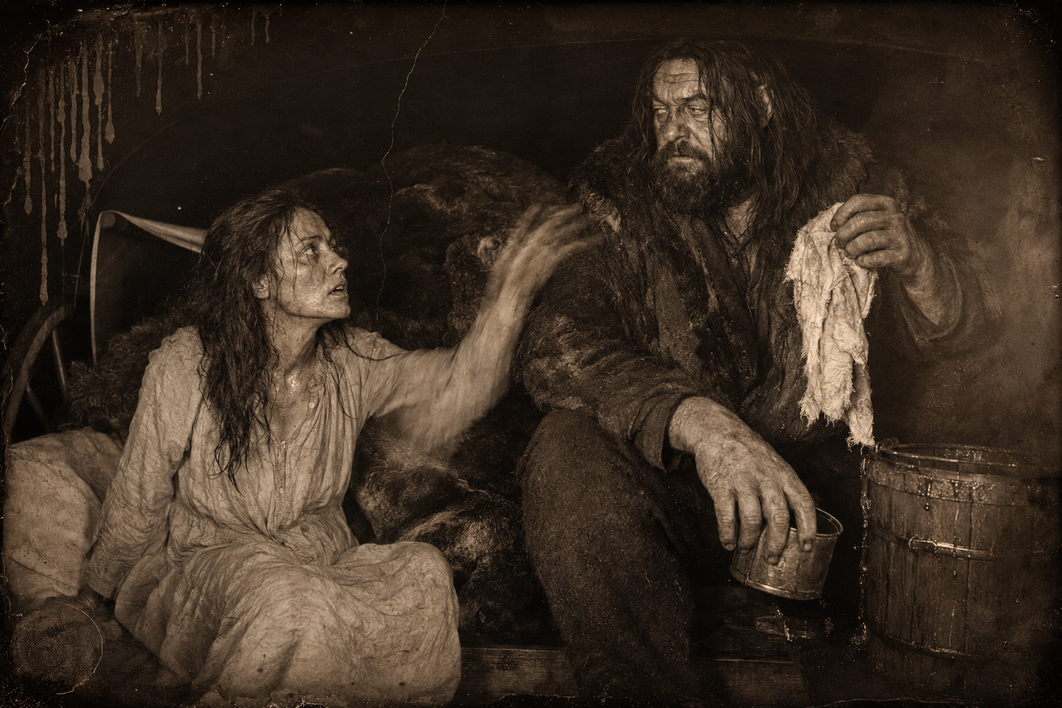 Zwey bathing her burning face with water; she sits up straight, wide-eyed, and asks him whether he is Dee.