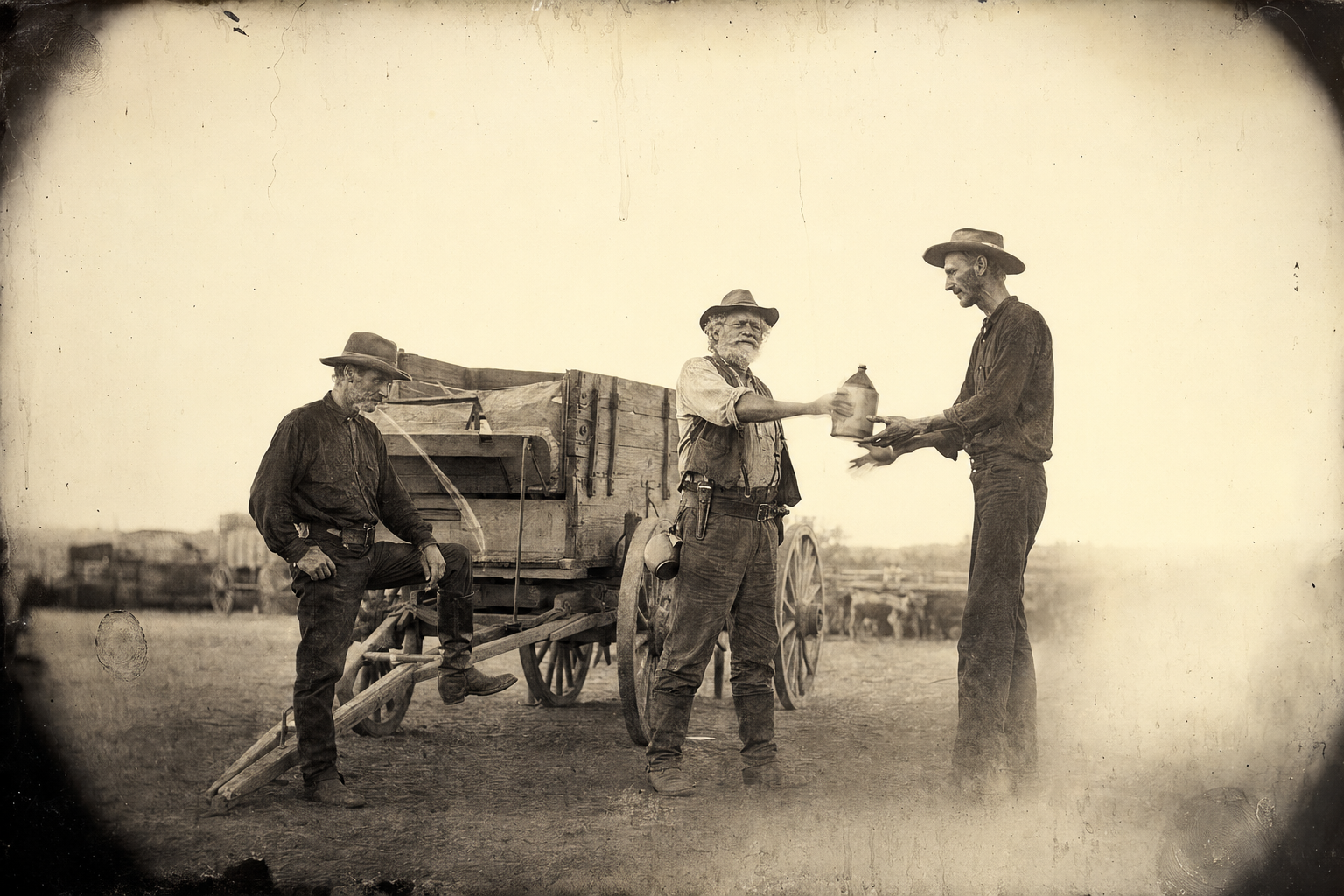 Call and Pea Eye come up from the lots at quitting time; Call rinses the dry out of his mouth at the wagons and spits a mouthful of good whiskey into the dust.