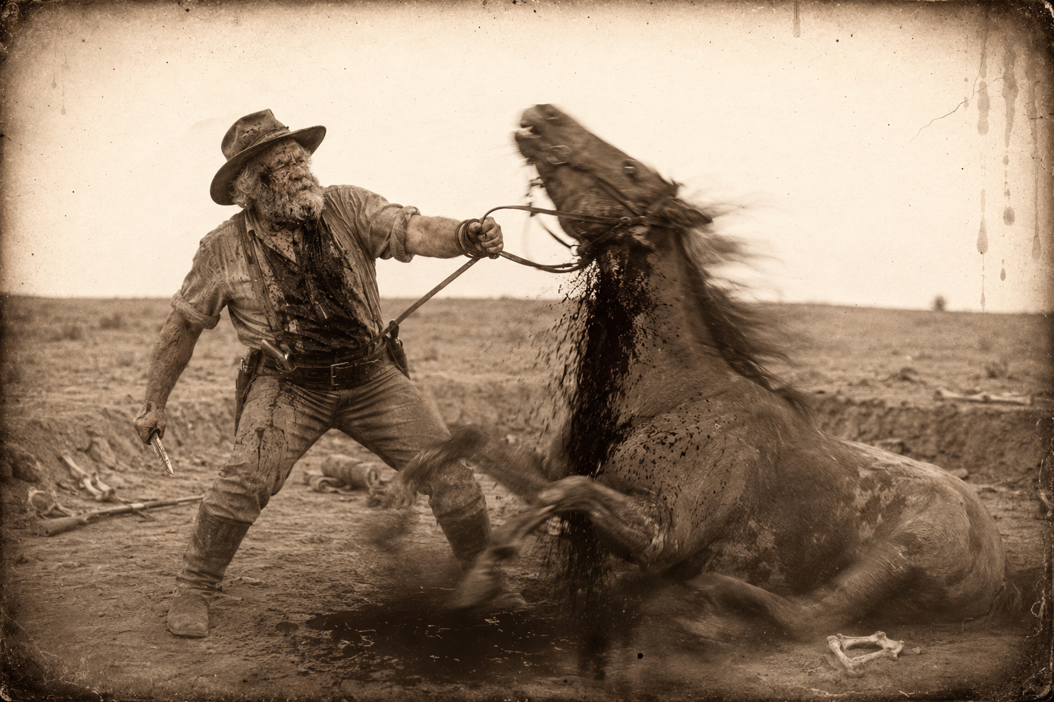 Reins wrapped around one hand, Augustus cuts his own horse's jugular and holds on while it plunges, turning it as it falls to lie across the end of the wallow.