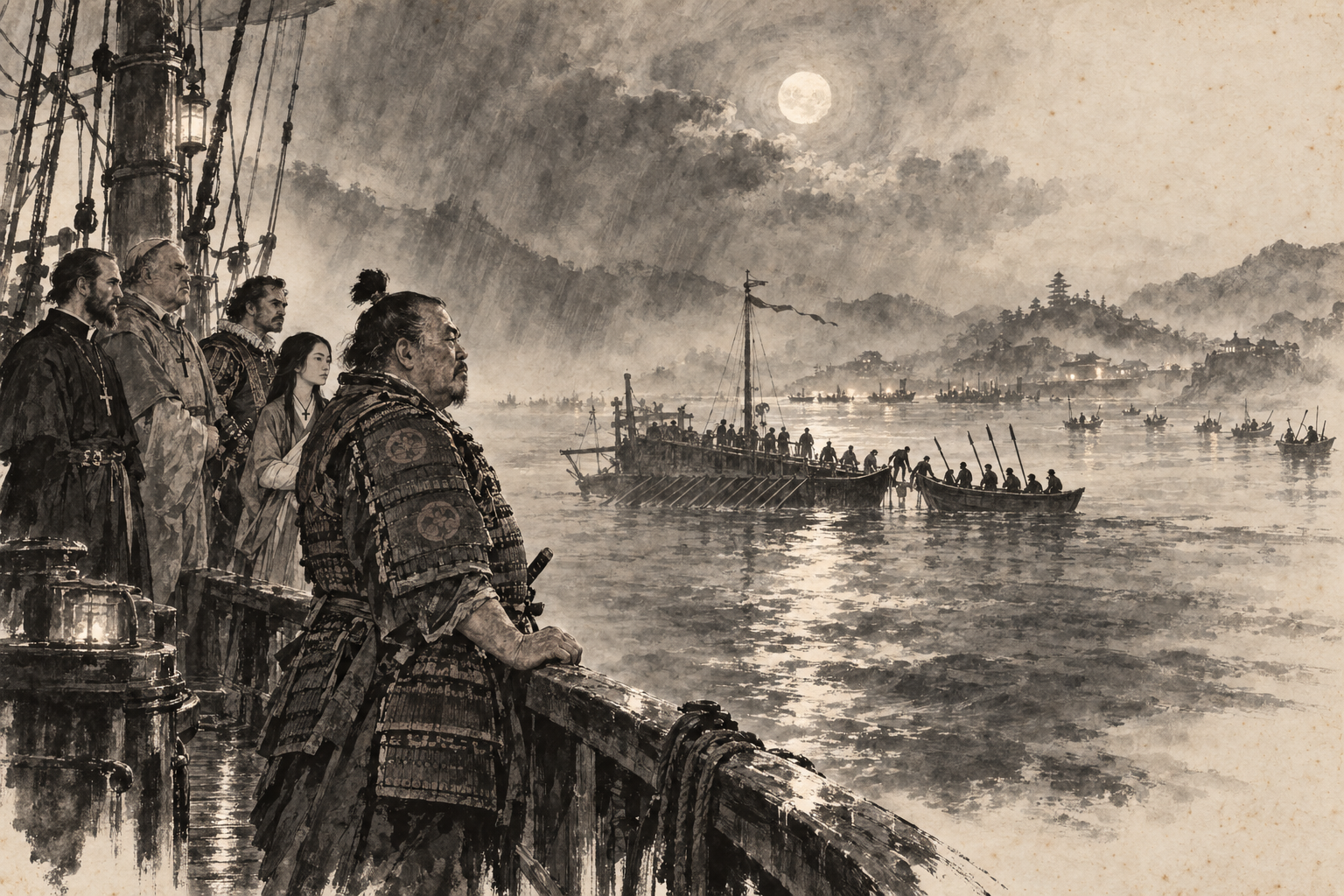 Toranaga watches the longboat reach the galley