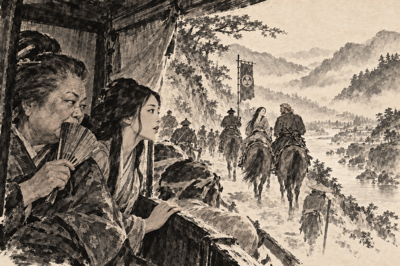 Gyoko and Kiku watch from the palanquin