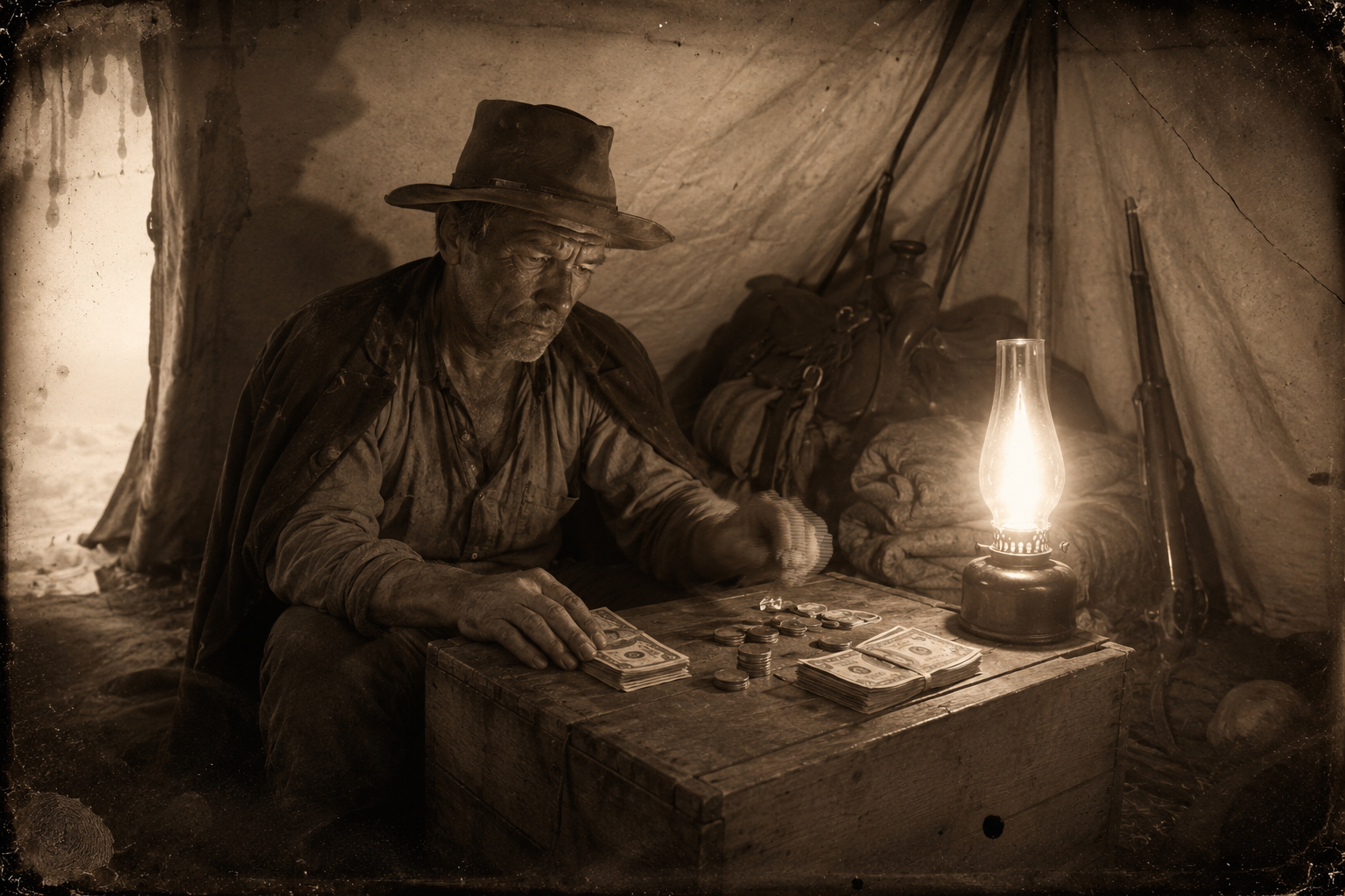 Alone in Wilbarger's tent through the winter, Call counts out a sale and puts half of it aside for the woman in Nebraska, resenting every note of it.