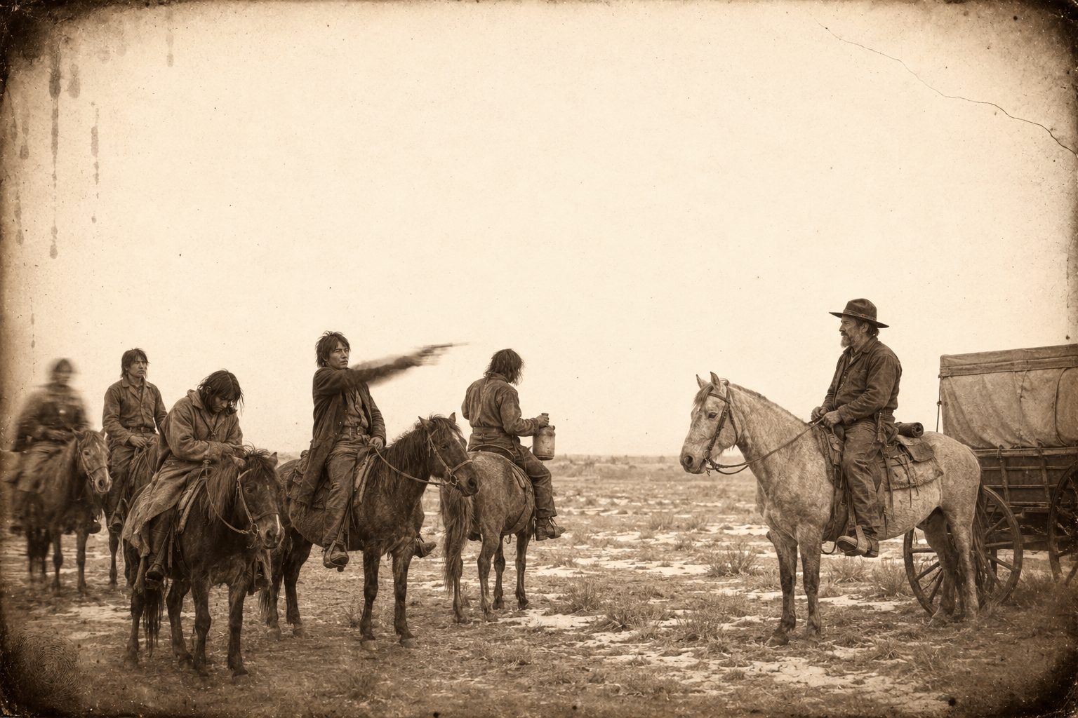 Near Nebraska, five drunk young Indians beg food, turn quarrelsome when Call asks for their liquor, and one levels an old pistol at him.