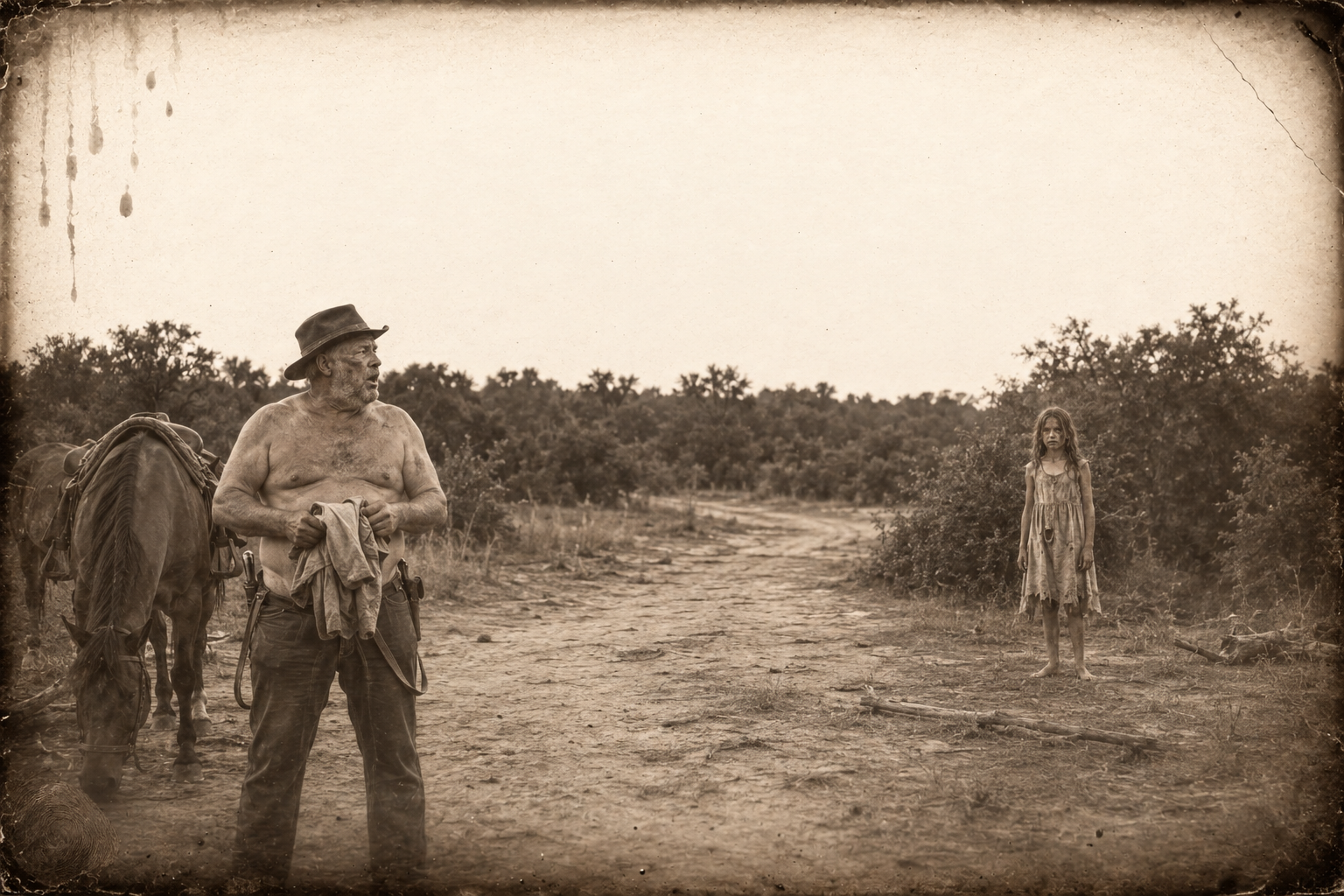 Stripped to the waist checking his shirt for wasps, Roscoe finds the girl has followed him six miles on foot; she comes out from behind the bush and stops twenty feet away.