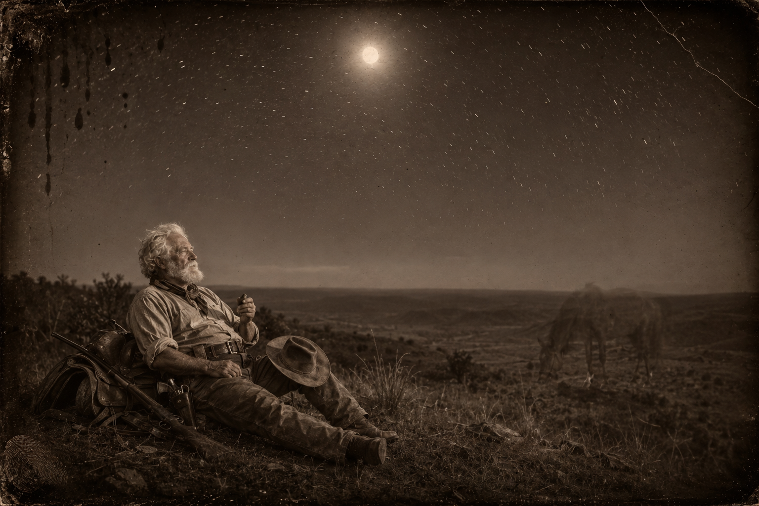 A cold camp on a little bluff in the post-oak country near the Brazos, where the silence is complete and Augustus eats jerky alone under the moon.