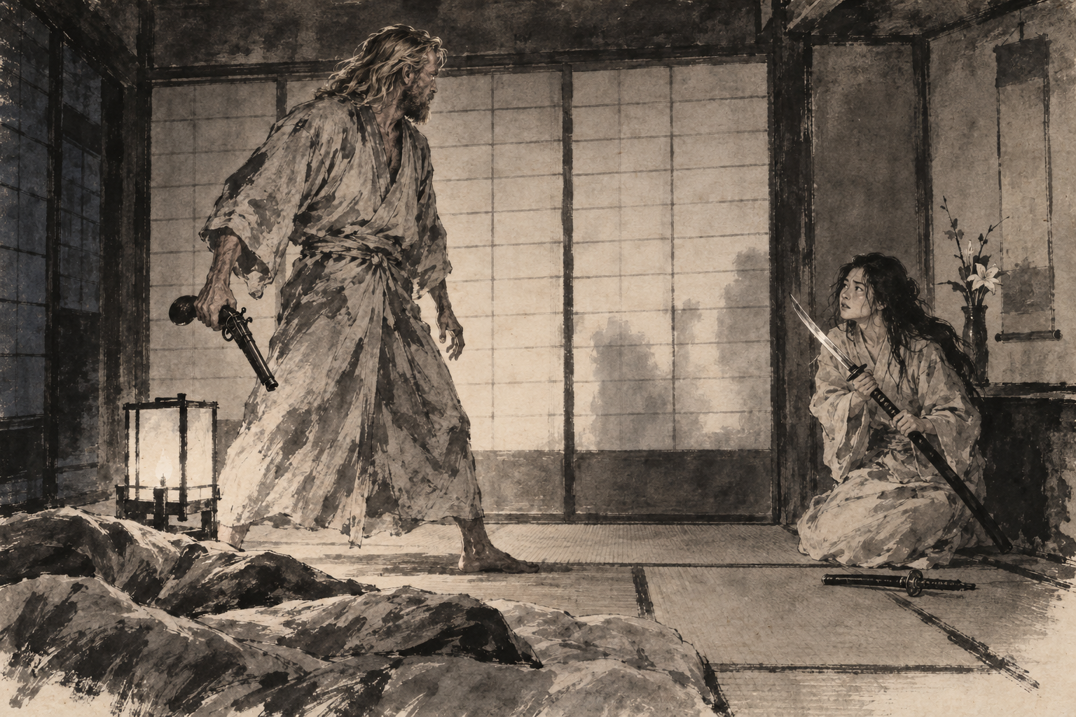 Fujiko draws the sword at the wall