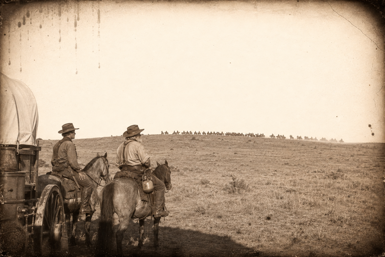 Back at the wagon, Call and Augustus watch the troop sit on the ridge, and then it turns and rides away.
